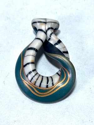 Artisan Polymer Clay Teardrop Pendant - Teal & Black Stripe Swirl Handmade Boho
