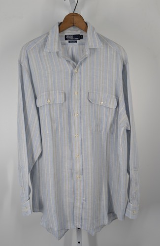Polo Ralph Lauren Vintage 90s Double Pocket Linen Stripe Blue Oversize Shirt RRL - Picture 3 of 4