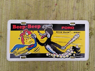 Vintage Beep Beep Ford vs Mopar License Plate Vanity Tag Coyote Beat Road Runner