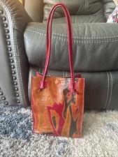 Vintage Hand Painted Tooled Leather Tote Bag Purse Abstract Art Noveau