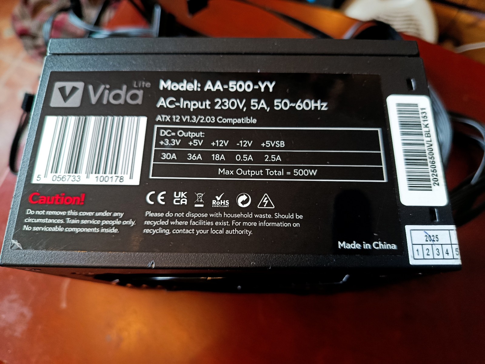VIDA Black PSU Power Supply 500W Computer Desktop PC ATX