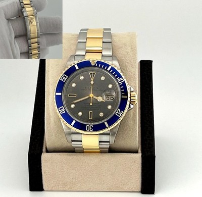 Rolex Submariner Date Blue 16613 40mm Tropical Serti Diamond Dial 18k Gold Steel