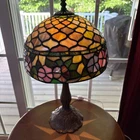 Vtg Tiffany-Style with Peony Pink Purple Stained/ Slag Glass Table Lamp READ