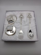 Infant Baby Keepsake Gift Set Silver Toned My First Tooth Curl Box Fork Spoon