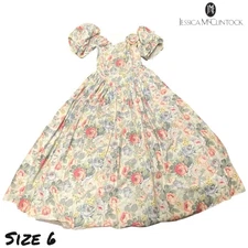 Vintage 80s Jessica McClintock Dress 6 Floral Party Cotton Bow Cottagecore 90s