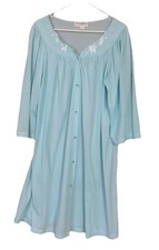 Nightgown Miss Elaine Button Front Embroidered Silky Nylon 3/4 Sleeve Aqua Sz L