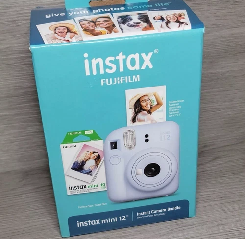 Fujifilm Instax Mini 12 fotocamera pellicola istantanea set pacchetto vacanze blu pastello nuovo-