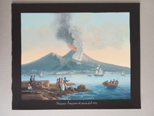 Gouache Napoletana VESUVIO Eruzione del 1832 - Dipinto a Mano su Fondo Nero