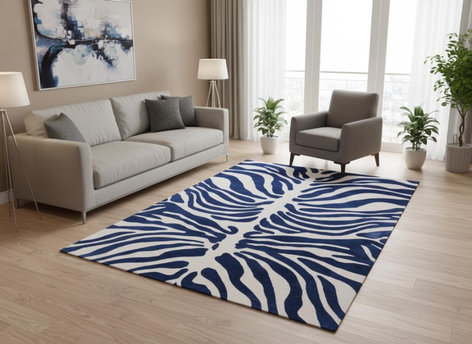 Hand Tufted Wool Zebra Print Rug, Blue and White