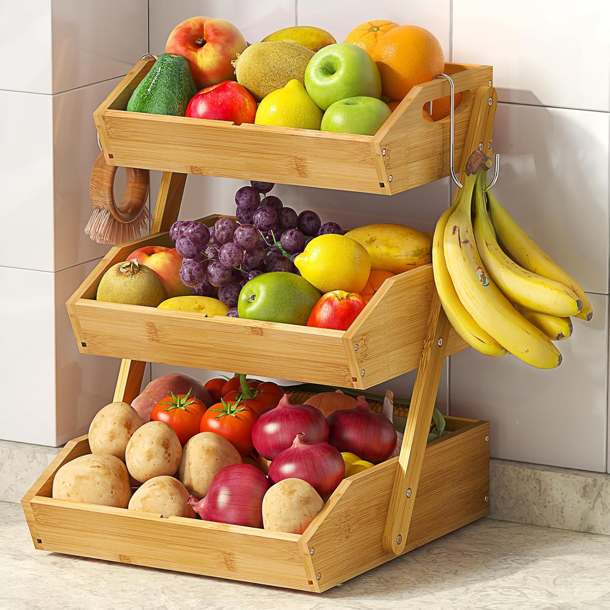 3 Tier Large Bamboo Fruit Basket for Kitchen Counter with 2 Banana