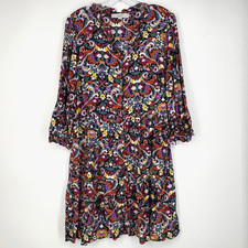 Loft Womens Large Button Front Shirt Dress Multicolor Paisley Floral V-Neck 3/4