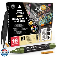 ARTEZA Pastel Liquid Chalk Markers, Set of 16, Tweezers, Labels, 