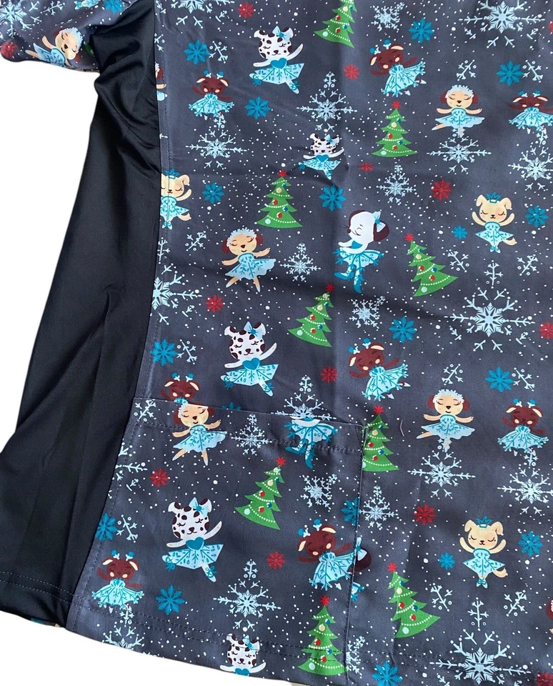 Green Town Christmas Scrub Top - 2X - Gray w/ Christmas Trees & Ballerinas - Image 4 of 4