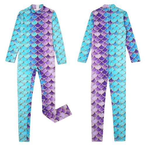 Kids Girls Mermaid Cosplay Costume Gymnastic Mermaid Jumpsuit Mock Neck Gym - Picture 20 of 71
