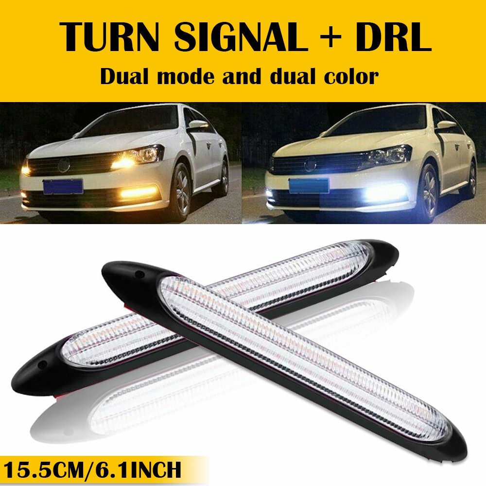 2x 6.1in LED DRL Light Amber Sequential Flexible Turn Signal Bar Headlight White