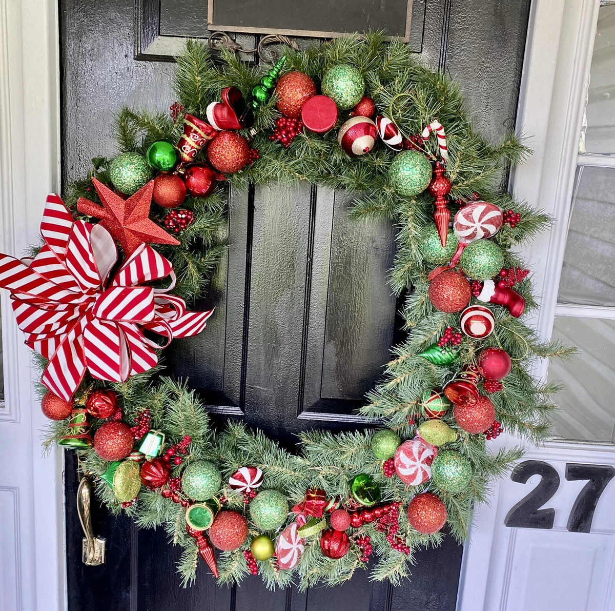 Large Christmas Wreath Peppermint Stripe Bow Ornaments Red And