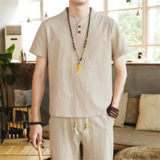 Mens Summer Outfit 2-Piece Set Short Sleeve Linen Shirts and Pants Sweatsuit