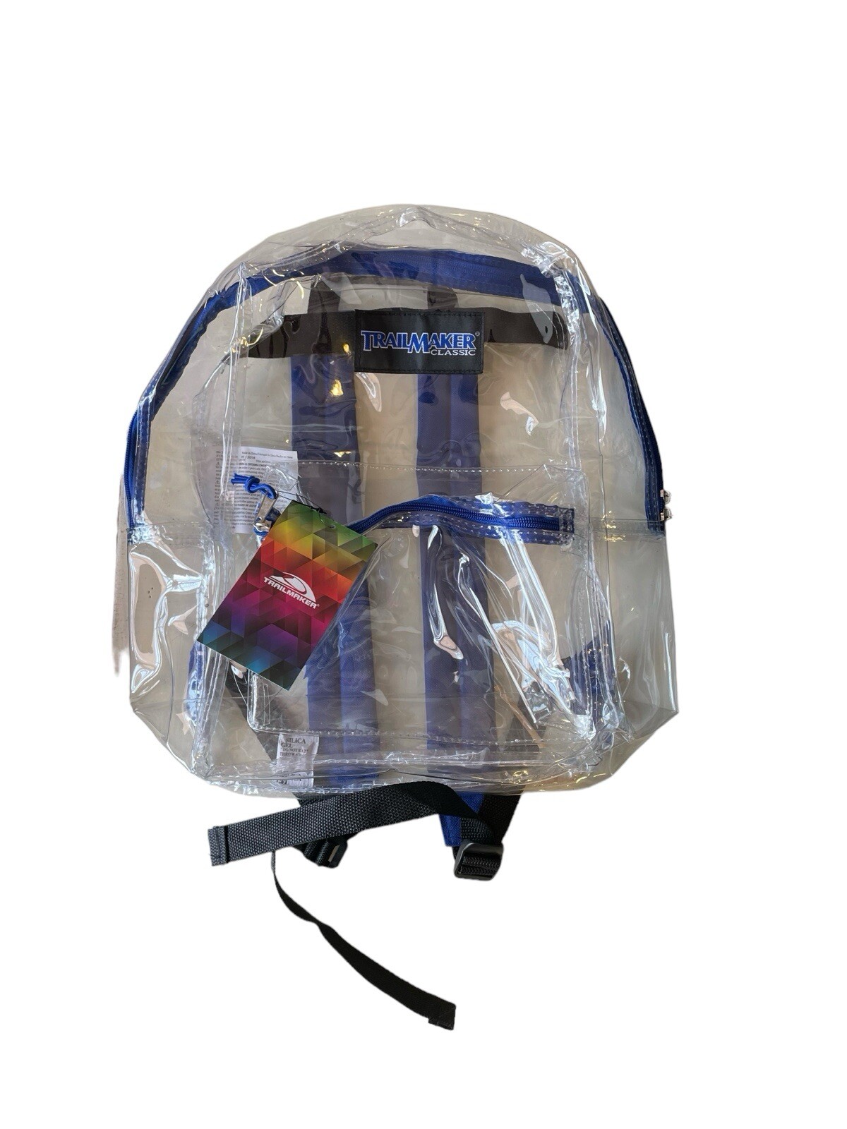 Trailmaker Back Pack Clear Plastic Clear Blue Trim For School, Work, Travel NWT