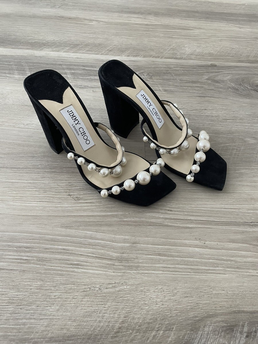 Jimmy★Choo(セールで春夏のワンピにお似合い)IVY85/DarkSky37.5 NWT Jimmy Choo Amara 85 Embellished Pearl Black Block Heels