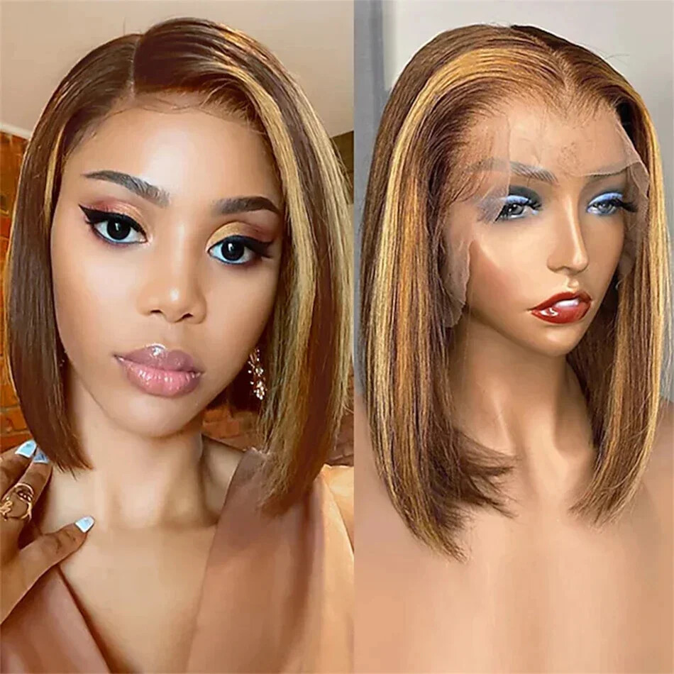 4x4 Straight Remy Human Hair Wig with 4/27 Highlights and Transparent Lace Front