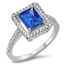 Rectangle Blue CZ Halo Ring New .925 Sterling Silver Band Sizes 5-10