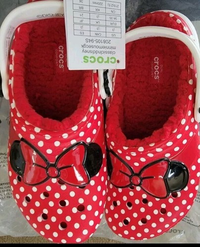 Authentic Disney's Minnie Mouse Crocs size J 3 RED AND WHITE Fuzzy Lined - Picture 3 of 7