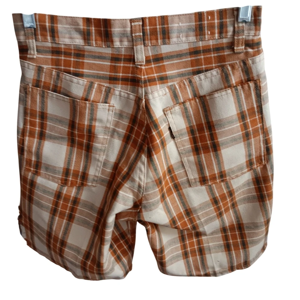 Men's 28W Vintage Levi's 1970's Big E Sta-Prest Plaid Cotton Shorts Distress USA - Image 2 of 4