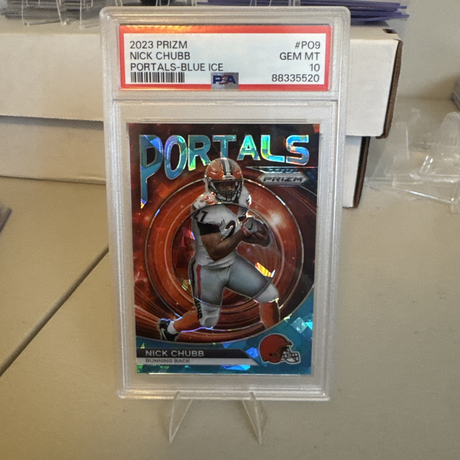 2023 Panini Prizm #PO-9 Nick Chubb Portals Prizms Blue Ice #/99 PSA 10 GEM MT