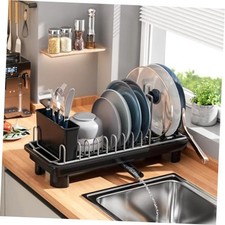 Small Dish Drying Rack with Removable Utensil Holder Anti-Scratch Base Black