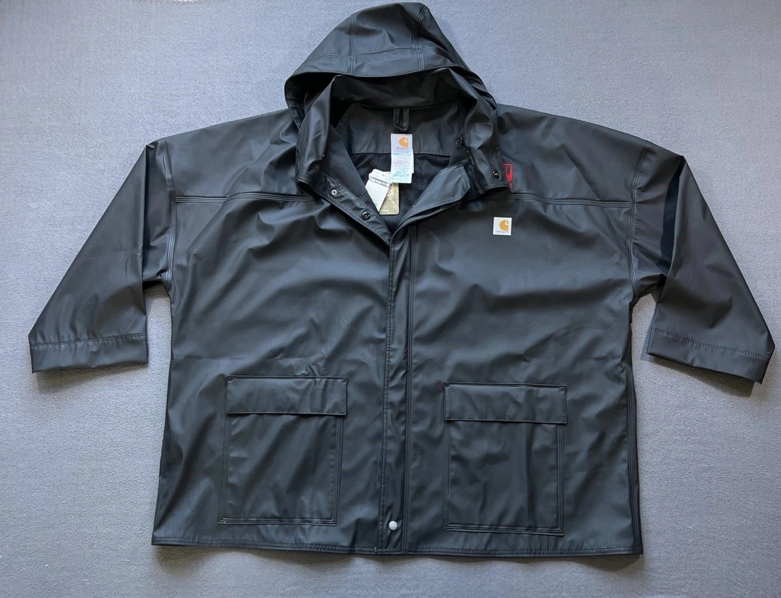 Carhartt Rain Jacket Mens 3XL Black Waterproof Hooded Double Snap Dry Work *READ