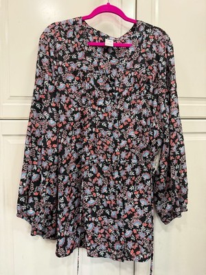 Floral Black Terra & Sky Womens Blouse 3X Long Sleeve 100% Polyester