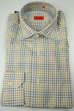 Isaia Napoli Denim Blue Gold White Plaid Long Sleeve Cotton Shirt 15.5/39 NEW