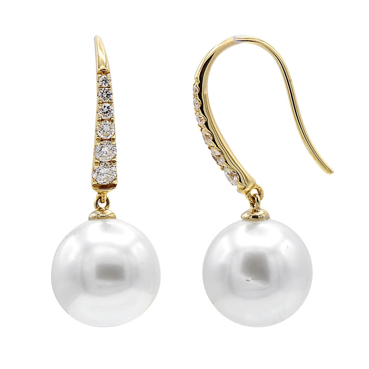 14K Yellow Gold Diamond South Sea Cultured Pearl Earrings 10-11mm 0.29 ct tw