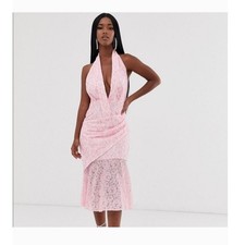 Asos Womens Dress Size 2 Pink Lace Halter Floral White Bodycon Deep Cleavage