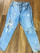 H M Denim Women s Mom Jeans High Rise Light Wash Distressed Cotton Size 8