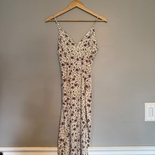 Y2K Women Purple Floral V-Neck Midi Slip Dress Side Slit Cream Small Fairy Whims