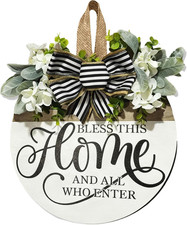 Welcome Wreaths Sign for Front Door, Rustic Wood Wreath with Bow, Bless This Hom