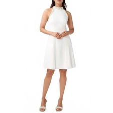 Adrianna Papell Ivory Beaded Halter Crepe Fit & Flare Dress AP1E210214 Womens 10