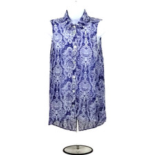 Show Me Your Mumu Womens Blue White Print Carolyn Collared Sleeveless Blouse L