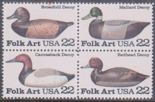 (F430-19) 1985 USA 22c 4block duck decoys (S)