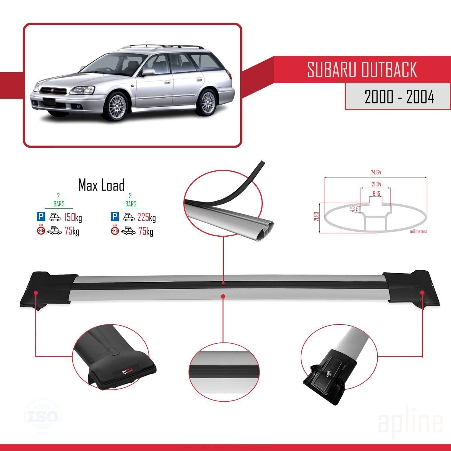 Barres de toit gris aluminium FLY Model pour Subaru Outback 2000-2004