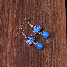Blue Jade Flower Earrings Drop Designer Luxury Jewelry Women Natural 925 Silver
