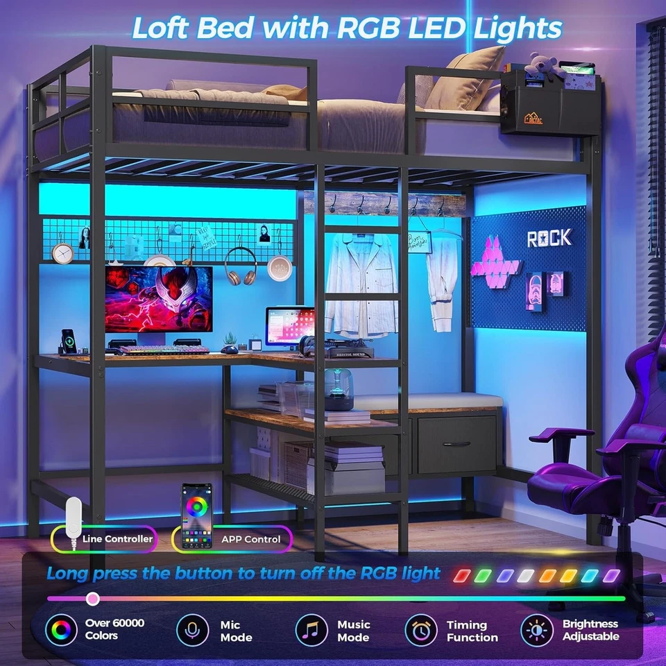 Cama tipo loft doble con estación de carga de escritorio en forma de L luces LED perchero cajones Foto 4 de 4