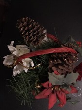 ArtiFicial Poinsettia Arrangement in Red Basket With Pine Cones