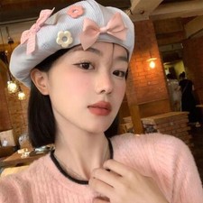 Women Bowknot Flower Button Beret Lovely Hat Girls Artist Hat