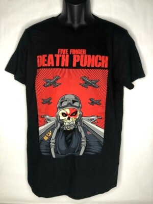 Five Finger Death Punch Bay Island Graphic T-Shirt Black Skull Pilot Mens Medium
