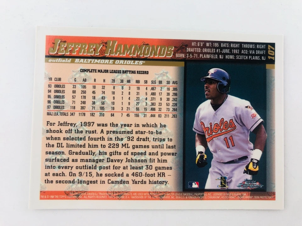 Tarjeta de béisbol 1998 Topps cromada Jeffrey Hammonds #107 Baltimore Orioles Foto 3 de 4
