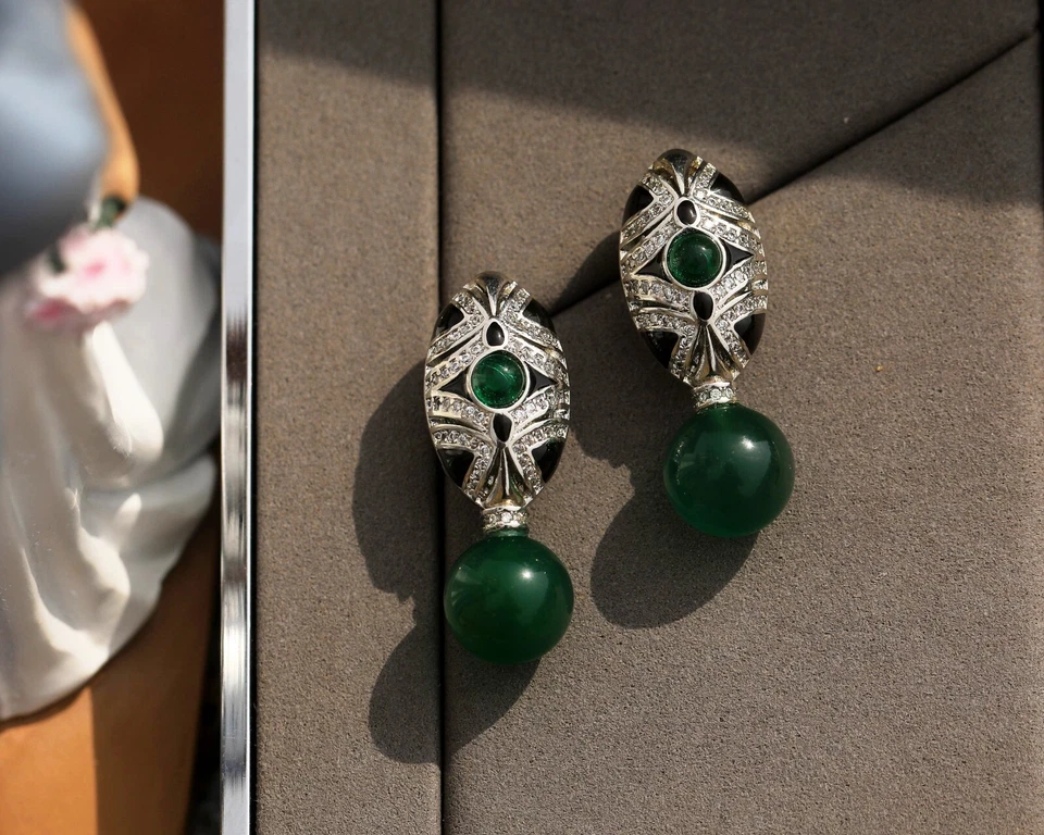 Ohrringe Clip On Kunst Neu Silber Schlange Cz Perle Achat Grün EH6 - Bild 3 von 4