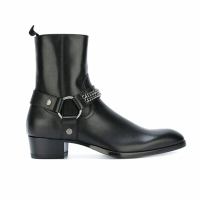 Men's Chelsea Ankle Boots Real Leather Pointed Toe Chains Block Heels Motorcycle