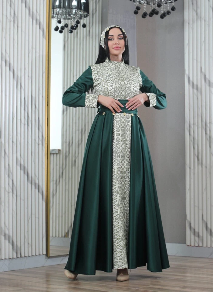 Mujeres Palestino Bordado Largo Hombro Satinado Vestido con Monedas Detalles Cinturón Foto 2 de 4